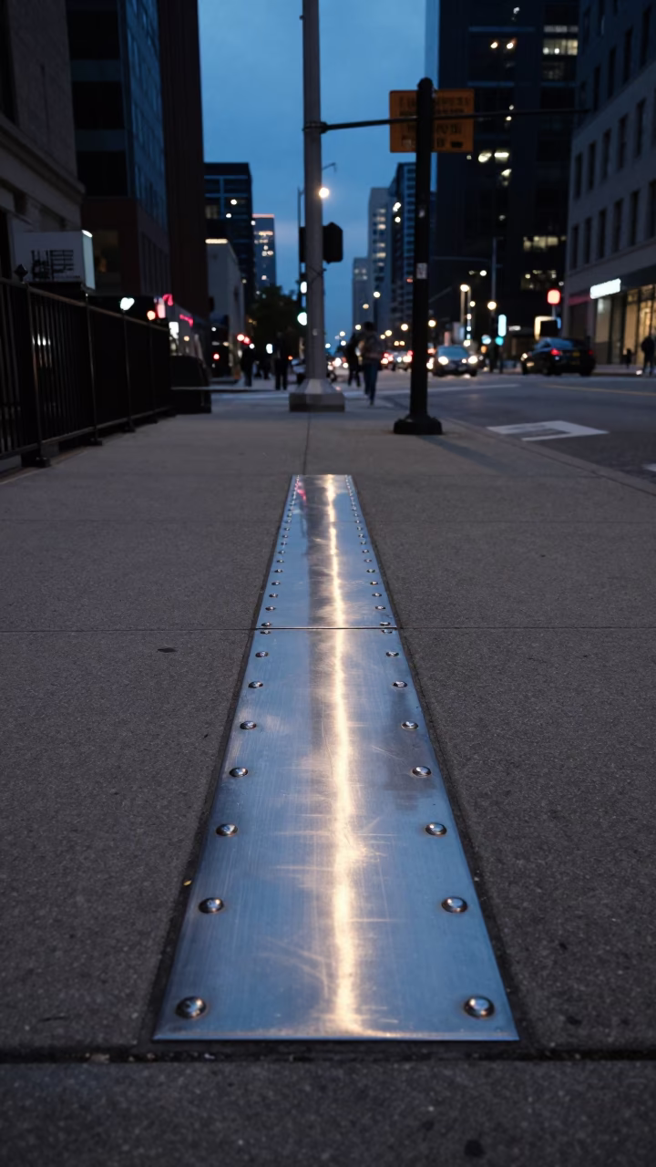 Chicago Illinois indigo twilight street scene with brushed steel runner and zinnias in in Chicago, Illinois, United States