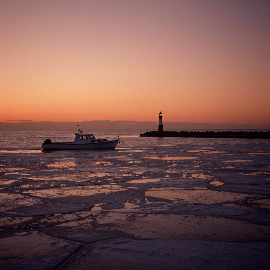 Chicago Illinois Lakefront Dusk View with Iceboat and Breakwater Beacon in in Chicago, Illinois, United States