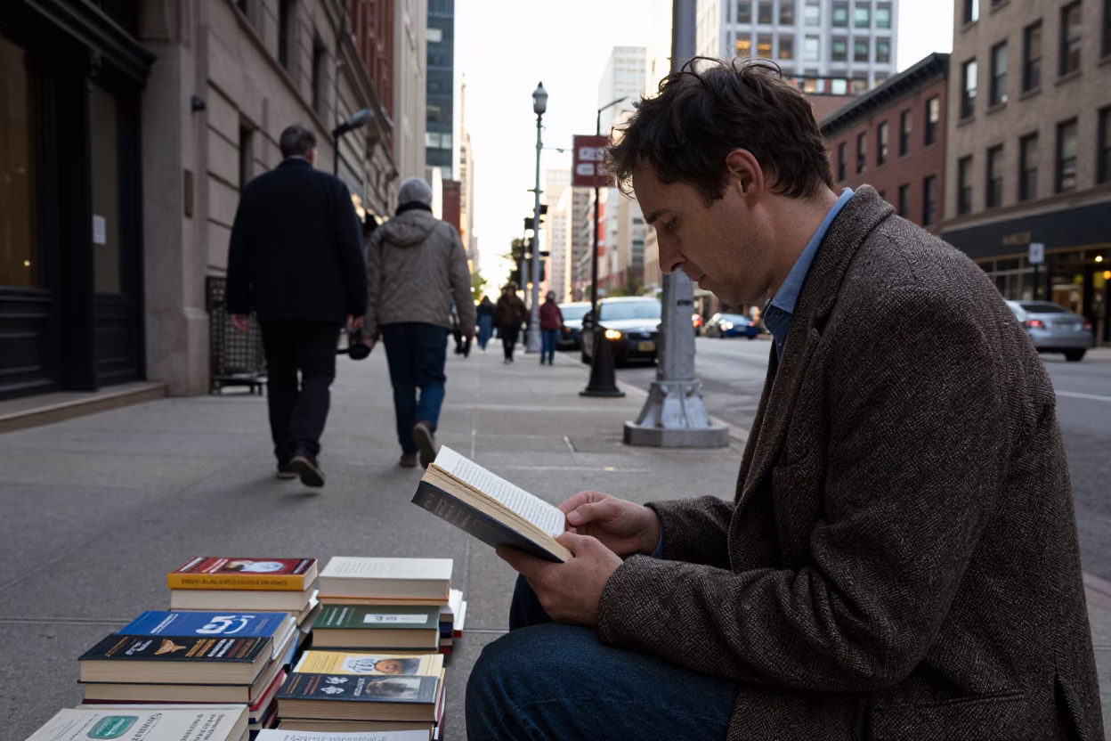 Chicago Illinois Late Afternoon Street Scene with Books and Urban Details in in Chicago, Illinois, United States