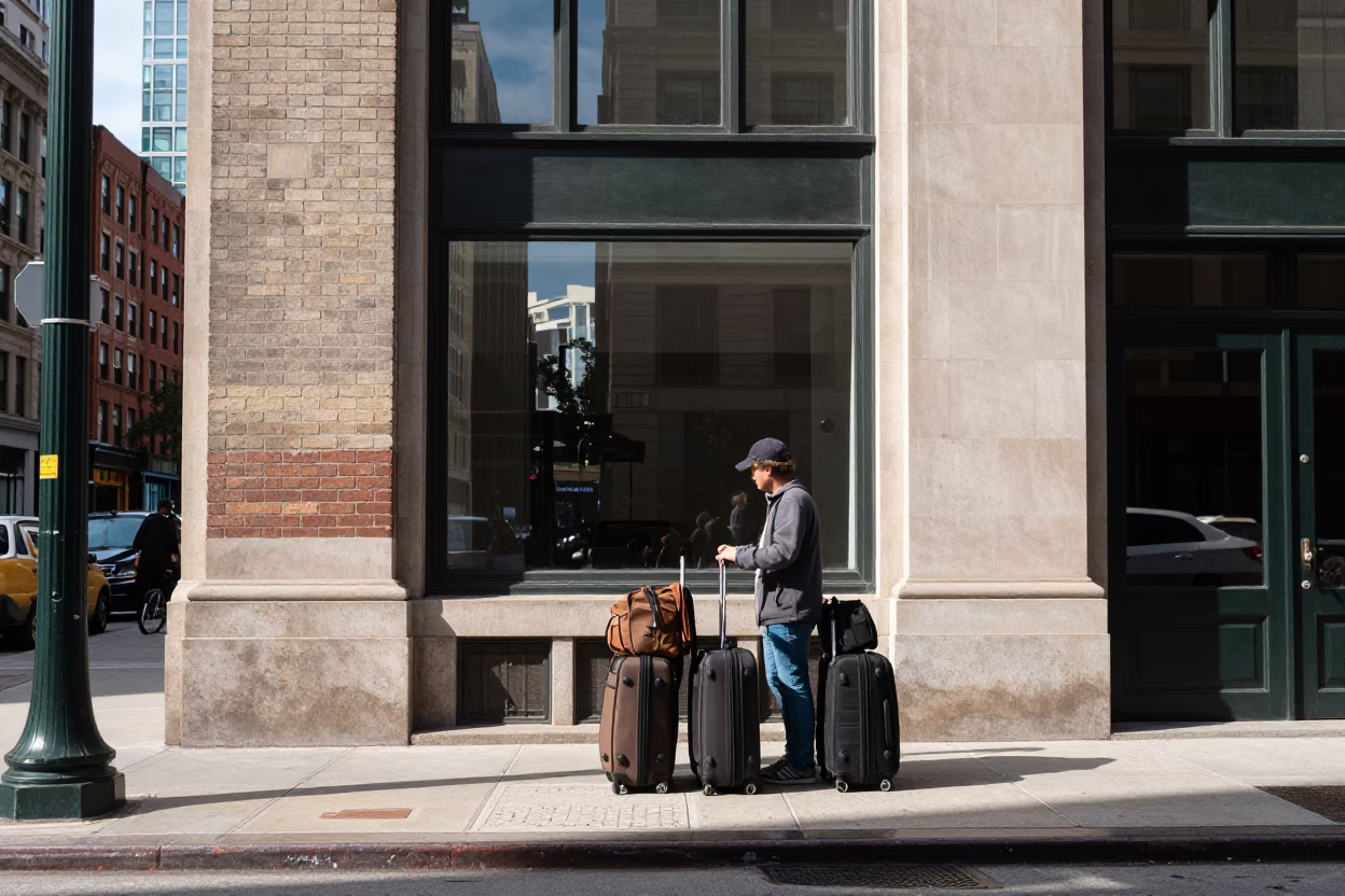 Chicago Illinois Midmorning Street Scene with Suitcases Near Urban Architecture in in Chicago, Illinois, United States