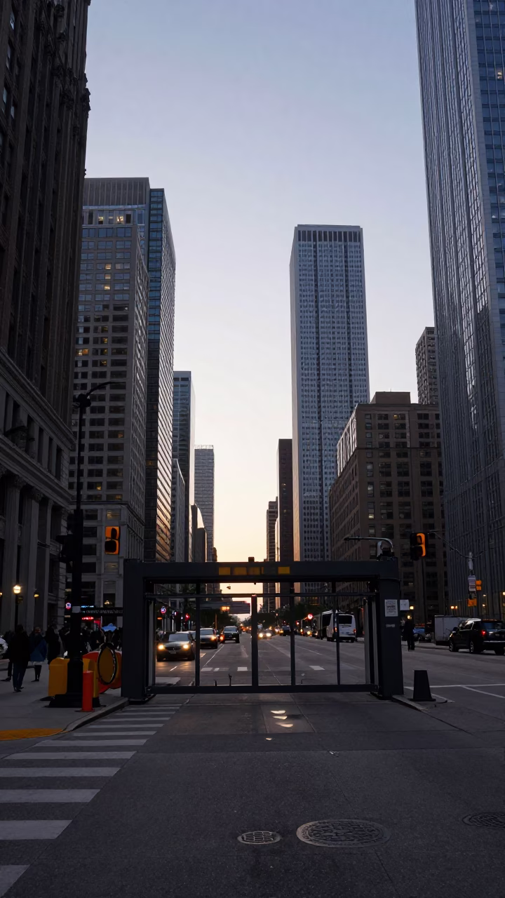 Chicago Illinois Nautical Dawn Street Scene with Construction Elevator Gate and Rebar Bundles in in Chicago, Illinois, United States
