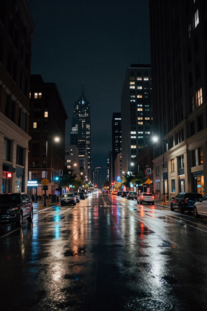 Chicago Illinois Night Skyline Reflections and Neon Lights in Deep Night in in Chicago, Illinois, United States