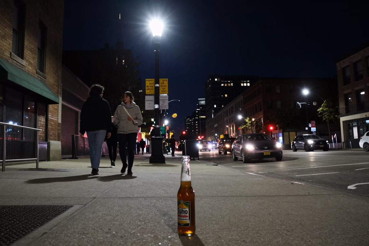 Chicago Illinois Night Street Scene with Glass Bottle and Urban Details in in Chicago, Illinois, United States