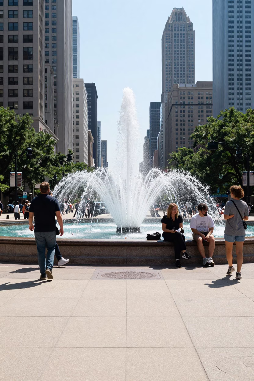 Chicago Illinois Noon Street Scene with Drained Campus Fountain and Local Pedestrians in in Chicago, Illinois, United States
