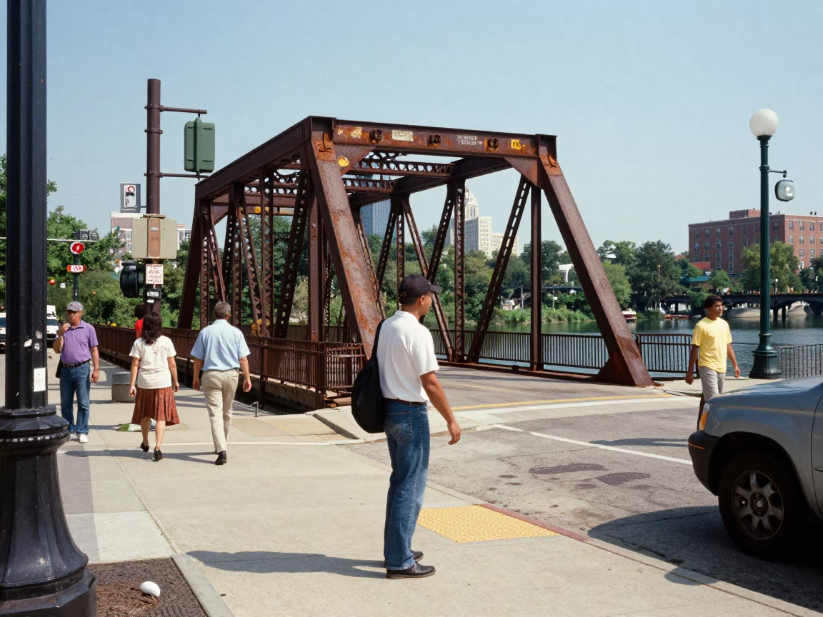 Chicago Illinois Noon Street Scene with Rusted Drawbridge and Reservoir Details in in Chicago, Illinois, United States