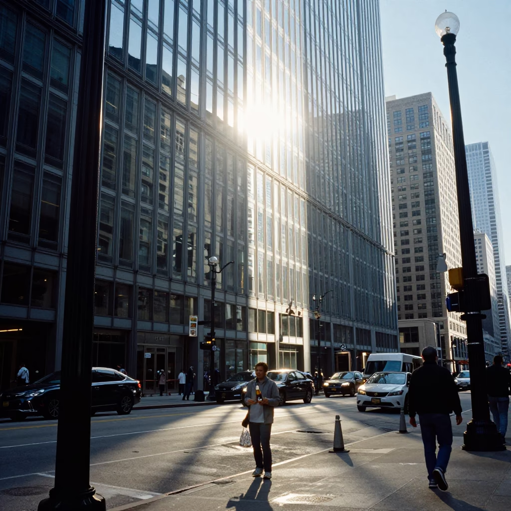 Chicago Illinois Noon Sunlight Reflections on Glass and Street Scene in in Chicago, Illinois, United States