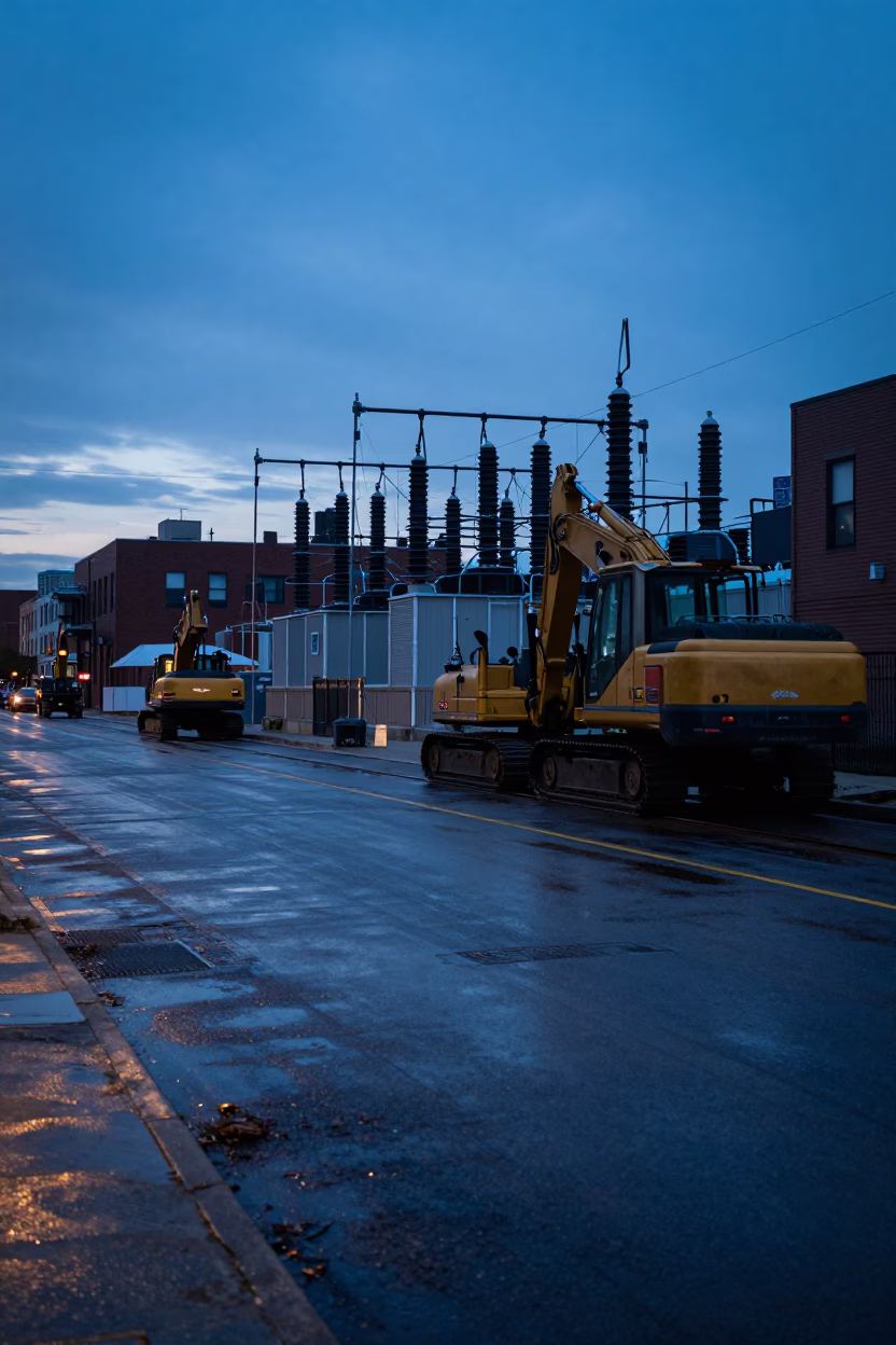 Chicago Illinois Pre-Dawn Street Scene With Construction Equipment And Substation Details in in Chicago, Illinois, United States