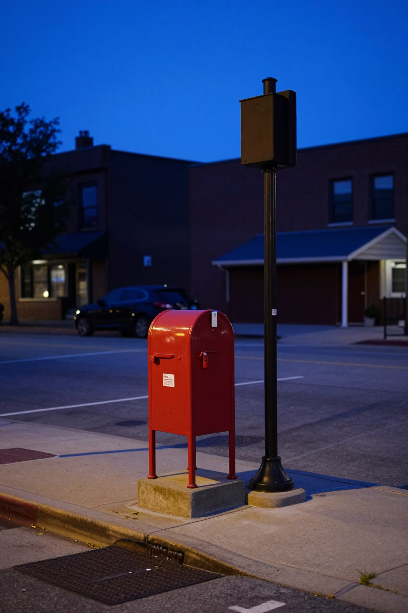 Chicago Illinois Pre-Dawn Street Scene with Mailbox and Substation Glow in in Chicago, Illinois, United States