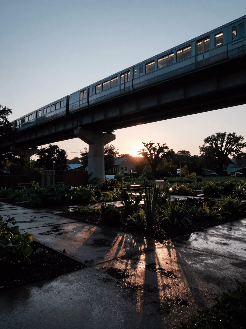 Chicago Illinois Pre-Dawn Viaduct Shadow Over Rain-Slicked Allotment Gardens in in Chicago, Illinois, United States