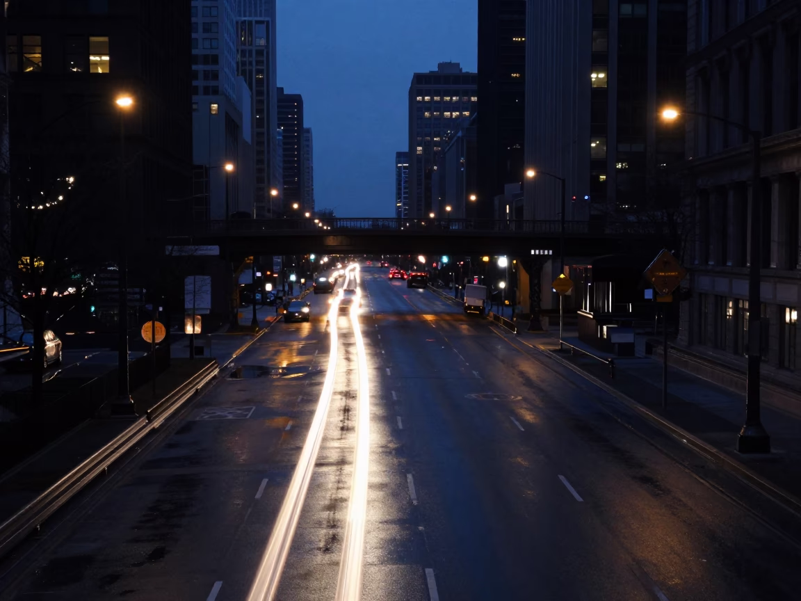 Chicago Illinois Predawn Overpass Interchange Lane Split Lit by Taillight Streaks in in Chicago, Illinois, United States