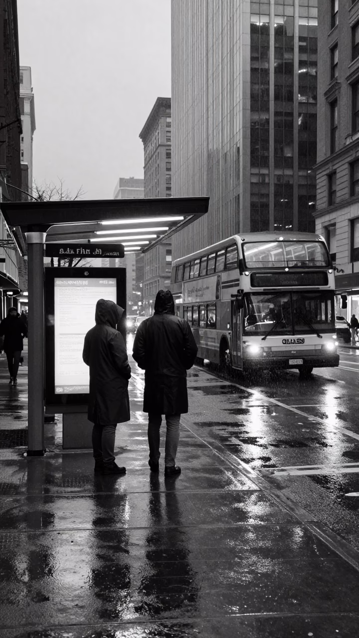 Chicago Illinois Predawn Street Scene with Raincoats and Double-Decker Bus in in Chicago, Illinois, United States