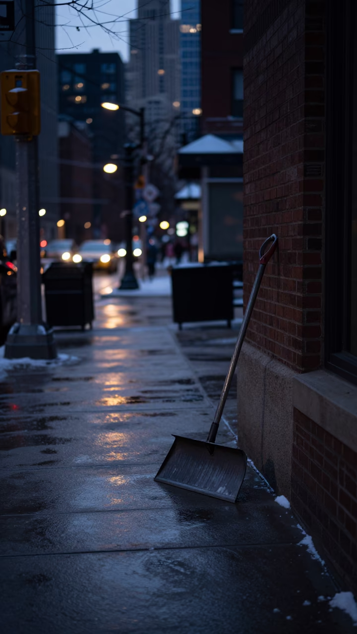 Chicago Illinois Predawn Street Scene with Snow Melt and Urban Details in in Chicago, Illinois, United States