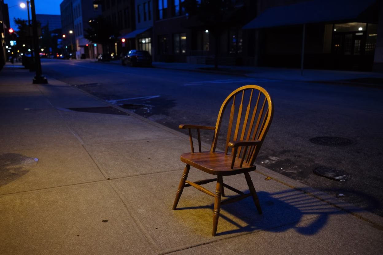 Chicago Illinois Predawn Street Scene with Spindle Chair and Urban Architecture in in Chicago, Illinois, United States