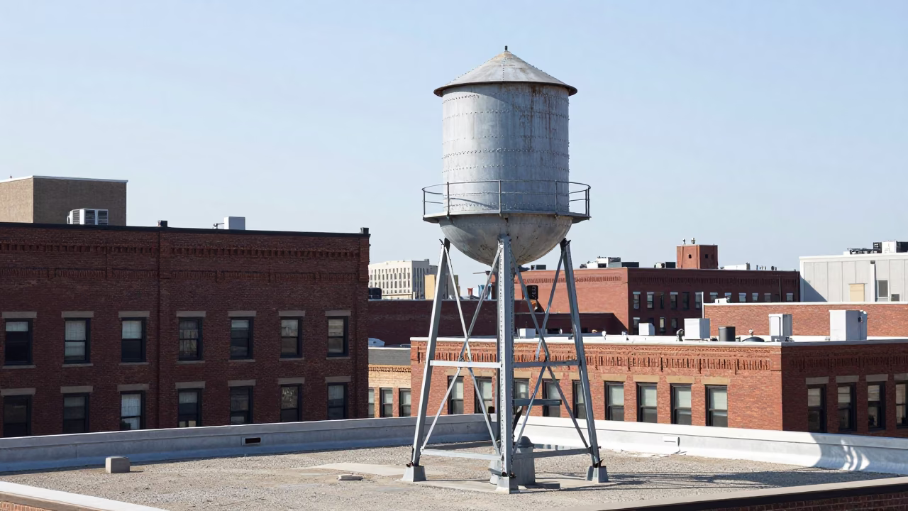 Chicago Illinois Rooftop Water Tower in Bright Midmorning Light with Urban Skyline in in Chicago, Illinois, United States