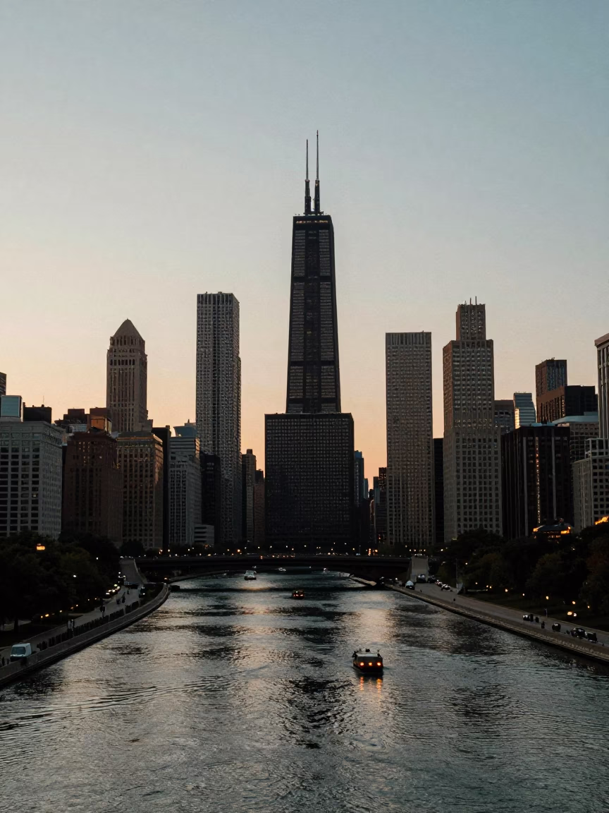 Chicago Illinois Skyline at Dusk with River Traffic and City Lights in in Chicago, Illinois, United States