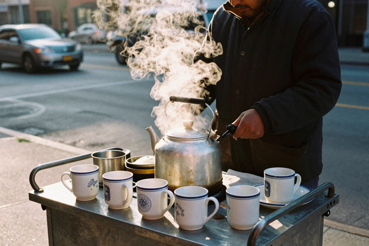 Chicago Illinois Street Breakfast Scene with Ceramic Mugs and Kettle at Sunrise in in Chicago, Illinois, United States