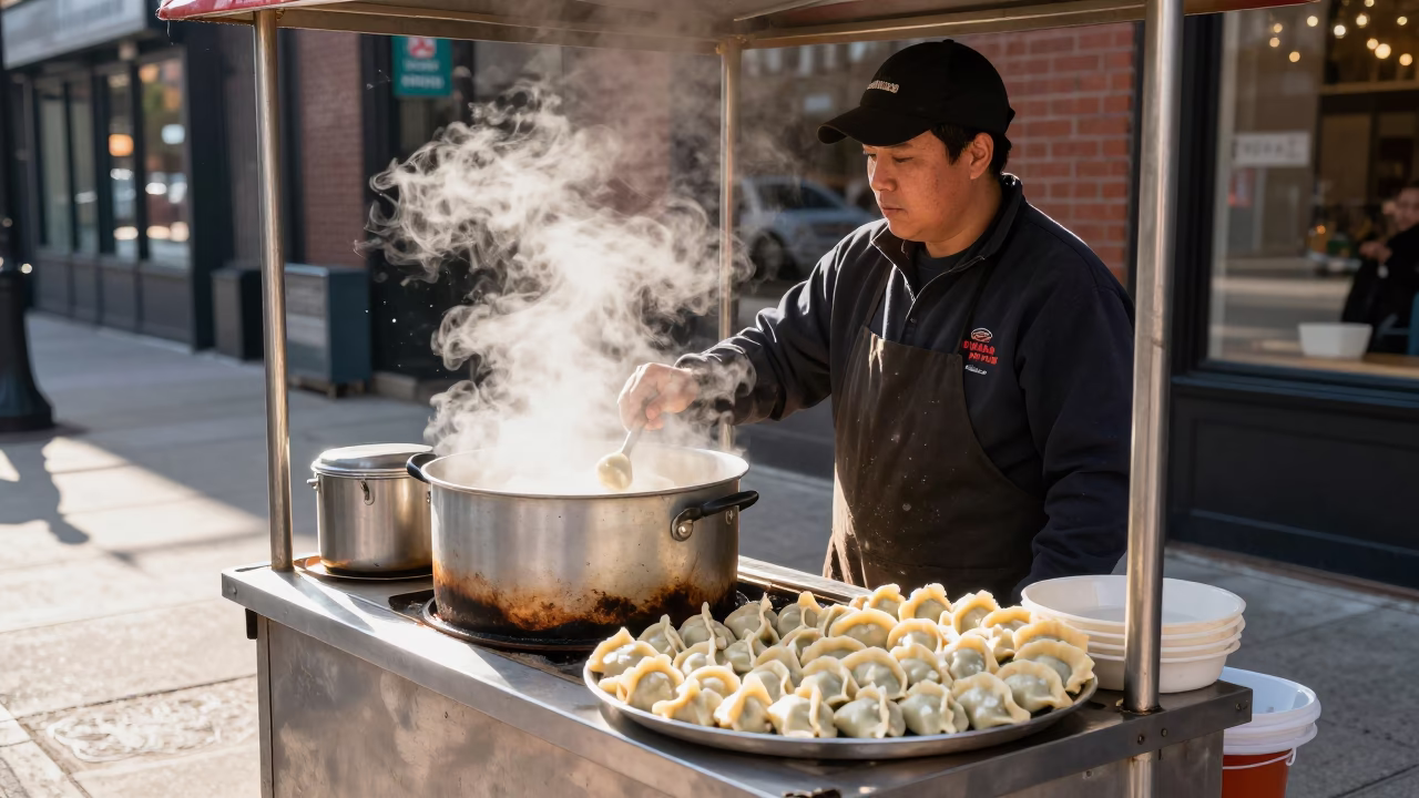 Chicago Illinois Street Food Vendor Serving Pierogi Ruskie in Bright Midmorning Light in in Chicago, Illinois, United States
