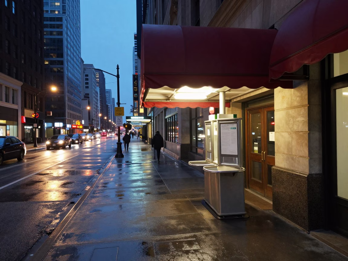 Chicago Illinois Street Scene at Dusk with Valet Stand and Headlight Streaks in in Chicago, Illinois, United States