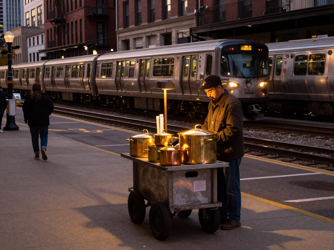 Chicago Illinois Street Scene Before Dusk with Polished Brass Pot Lid and Scrub Brush in in Chicago, Illinois, United States