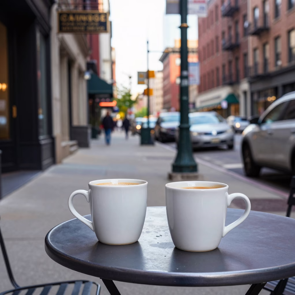 Chicago Illinois Street Scene with Coffee Mugs and Urban Architecture in Early Afternoon Light in in Chicago, Illinois, United States