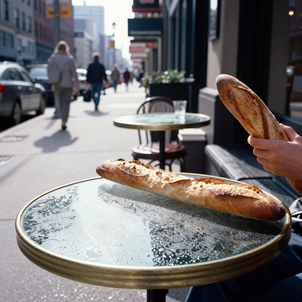 Chicago Illinois Street Scene with Condensation on Tabletop and Baguettes in in Chicago, Illinois, United States