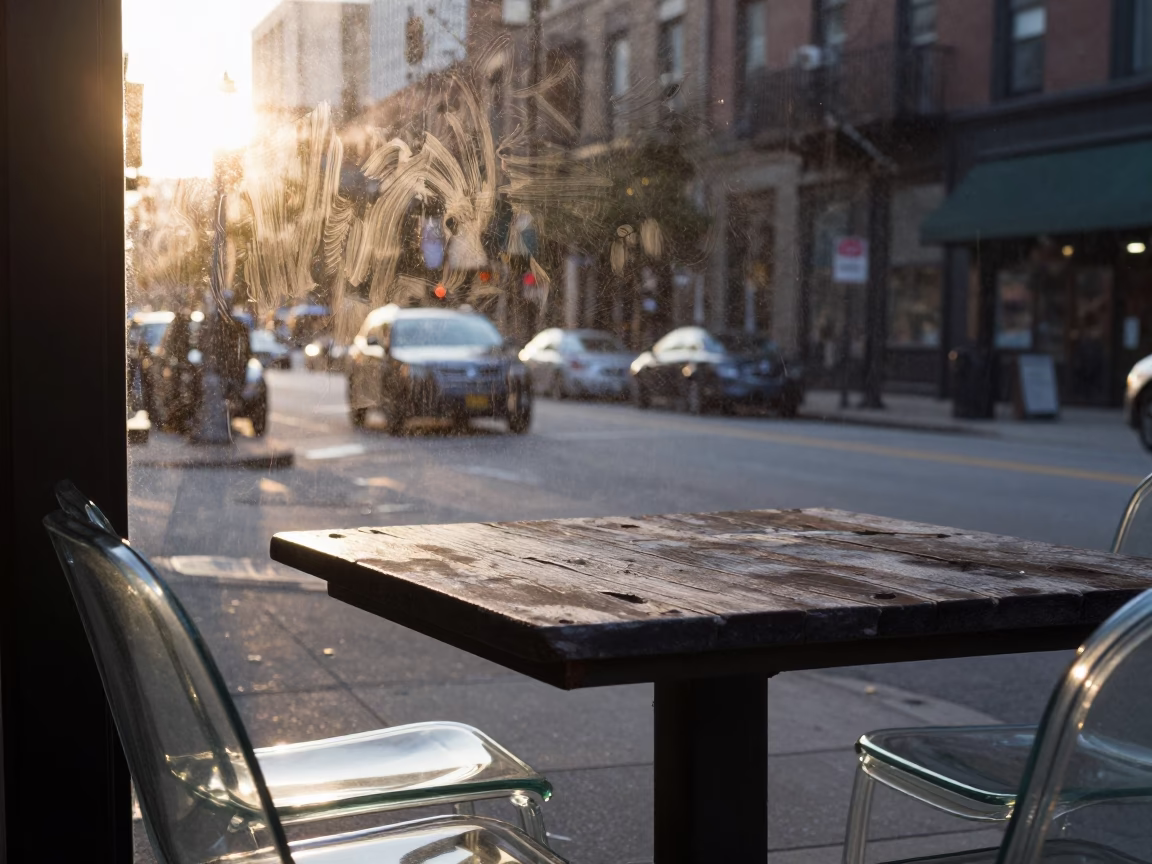 Chicago Illinois Sunrise Street Scene with Glass Chair and Smudges in in Chicago, Illinois, United States
