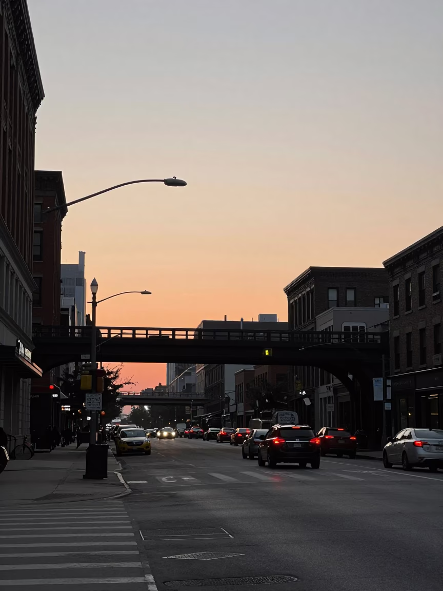 Chicago Illinois Sunrise Street Scene with Overpass Interchange and Taillight Streaks in in Chicago, Illinois, United States