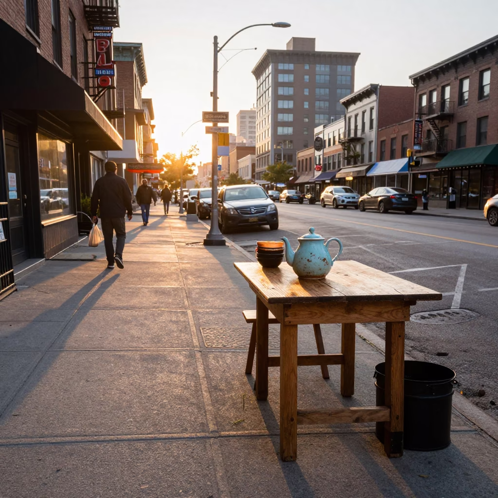 Chicago Illinois Sunrise Street Scene with Vintage Teapot on Wooden Table in in Chicago, Illinois, United States