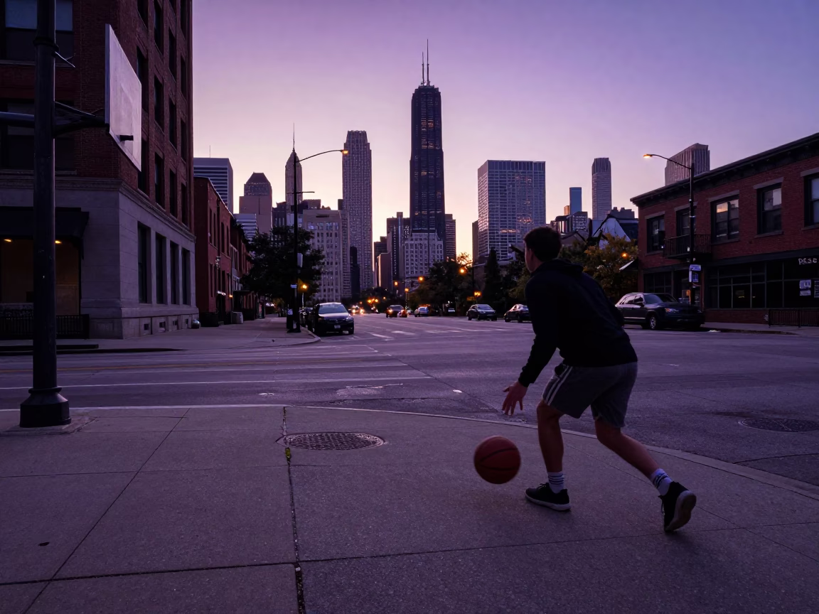 Chicago Illinois Sunset Street Scene with Basketball and Urban Architecture in in Chicago, Illinois, United States