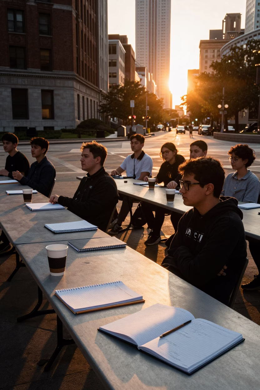 Chicago Illinois Sunset Street Scene with University Students at Seminar Table in in Chicago, Illinois, United States
