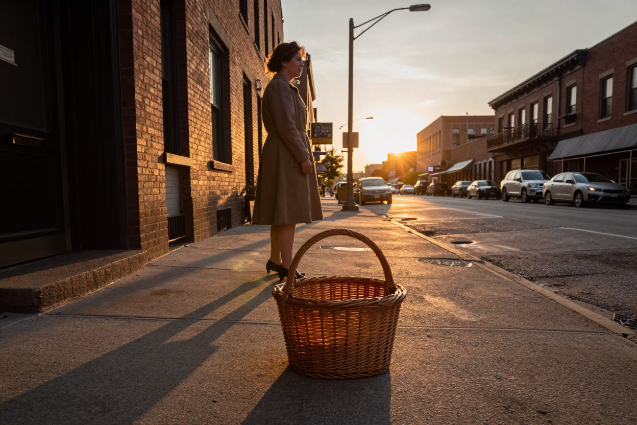 Chicago Illinois Sunset Street Scene with Vintage Wicker Basket and Twine Fibers in in Chicago, Illinois, United States