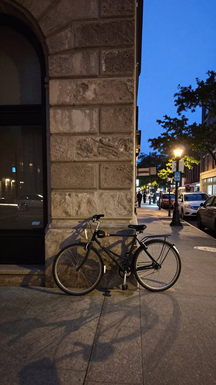 Chicago Illinois Twilight Street Scene with Bicycle and Urban Details in in Chicago, Illinois, United States