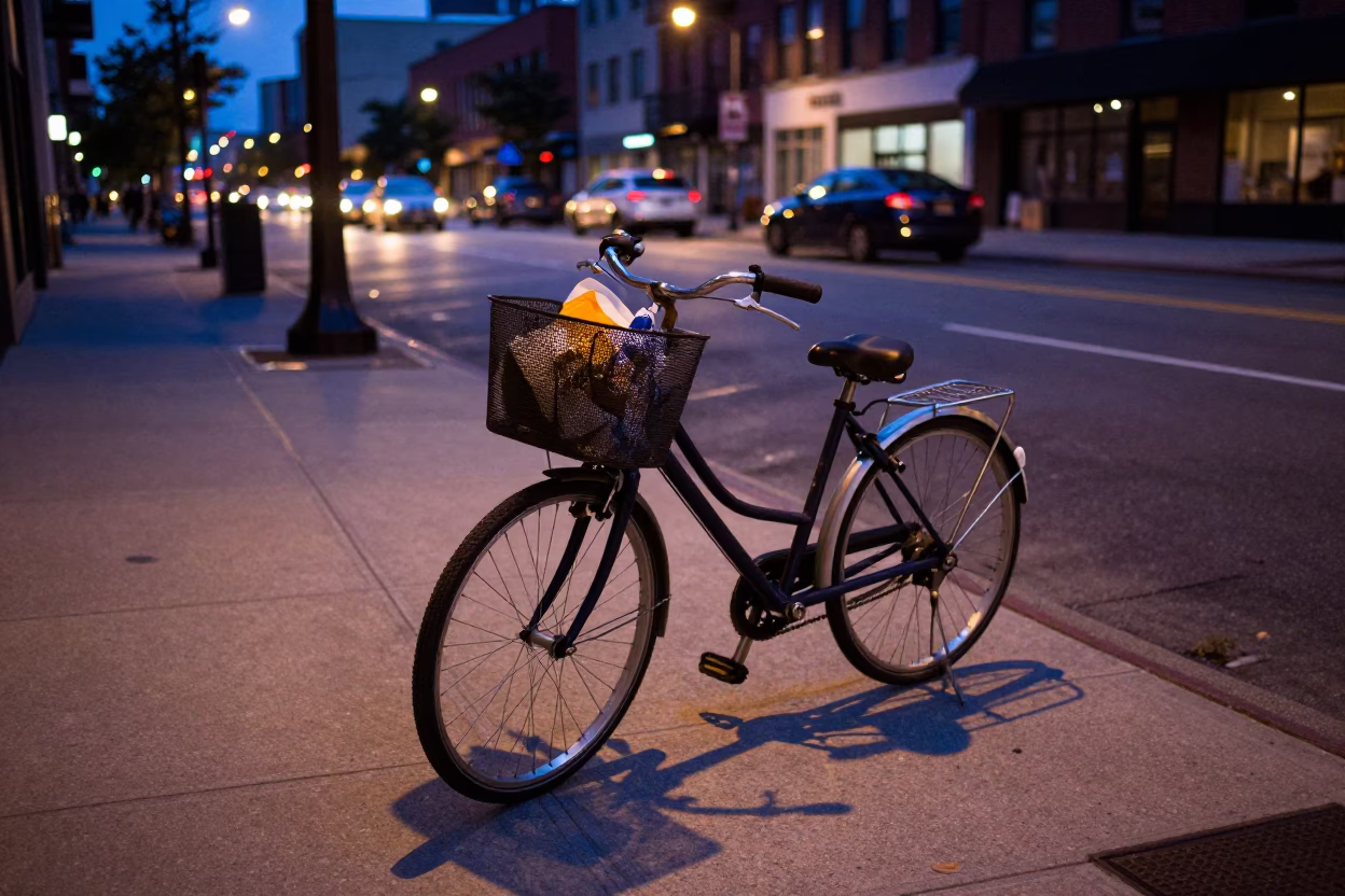 Chicago Illinois Twilight Street Scene with Bicycle Basket and Urban Details in in Chicago, Illinois, United States