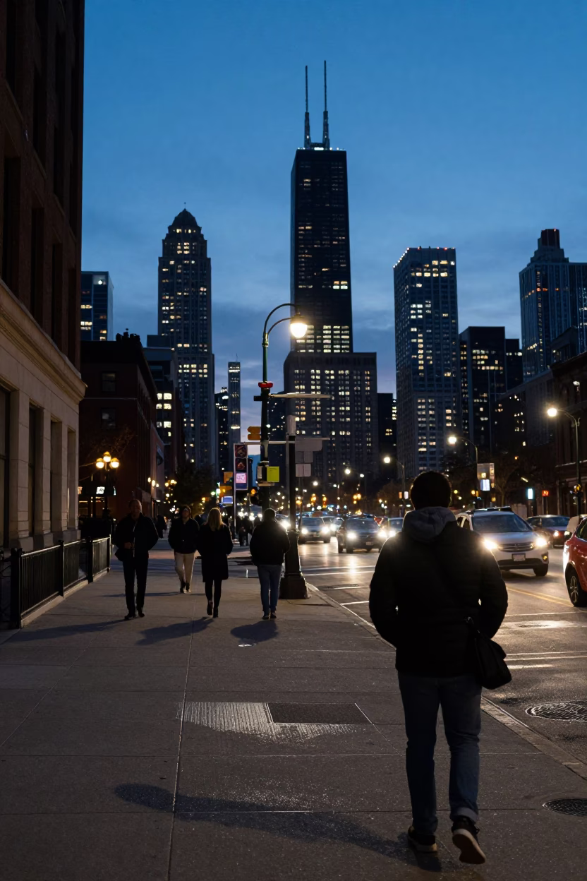 Chicago Illinois Twilight Street Scene with Condensation on Fabric Seam in in Chicago, Illinois, United States