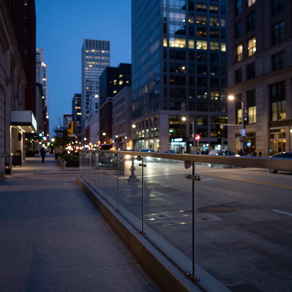 Chicago Illinois Twilight Street Scene with Glass Railing and Urban Architecture in in Chicago, Illinois, United States