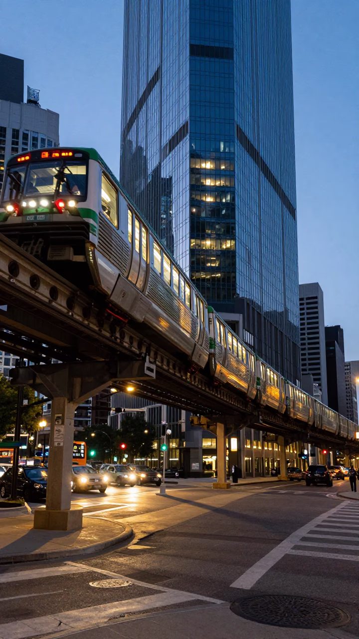 Chicago Illinois Twilight Street Scene with Monorail Reflection and Urban Architecture in in Chicago, Illinois, United States