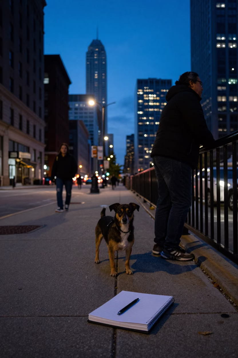 Chicago Illinois Twilight Street Scene with Notebook and Dog Near Lakefront in in Chicago, Illinois, United States