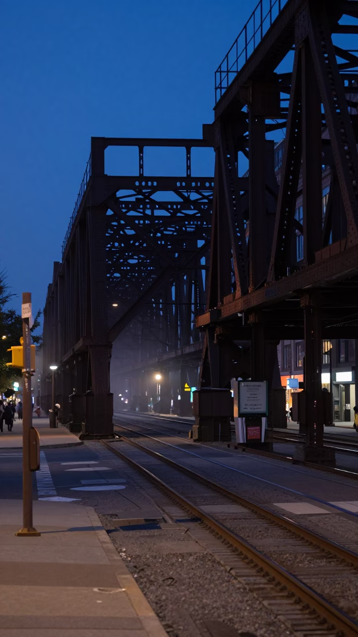 Chicago Illinois Twilight Street Scene with Railway Viaduct and Urban Infrastructure in in Chicago, Illinois, United States