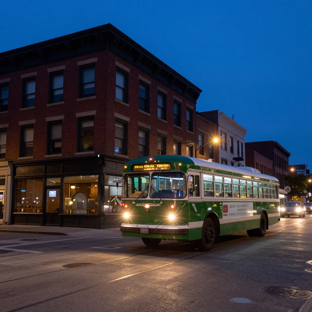 Chicago Illinois Twilight Street Scene with Vintage Bedford Bus and Urban Architecture in in Chicago, Illinois, United States