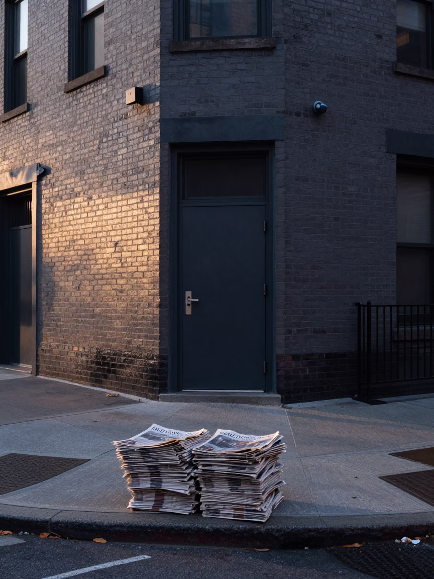 Chicago Illinois Urban Street Scene Before Sunrise with Newspaper Stack and Deadbolt in in Chicago, Illinois, United States