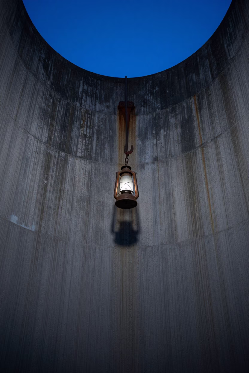 Chicago Indigo Twilight Floodgate Chamber Algae Streaked Concrete Walls Lantern Light in in Chicago, Illinois, United States