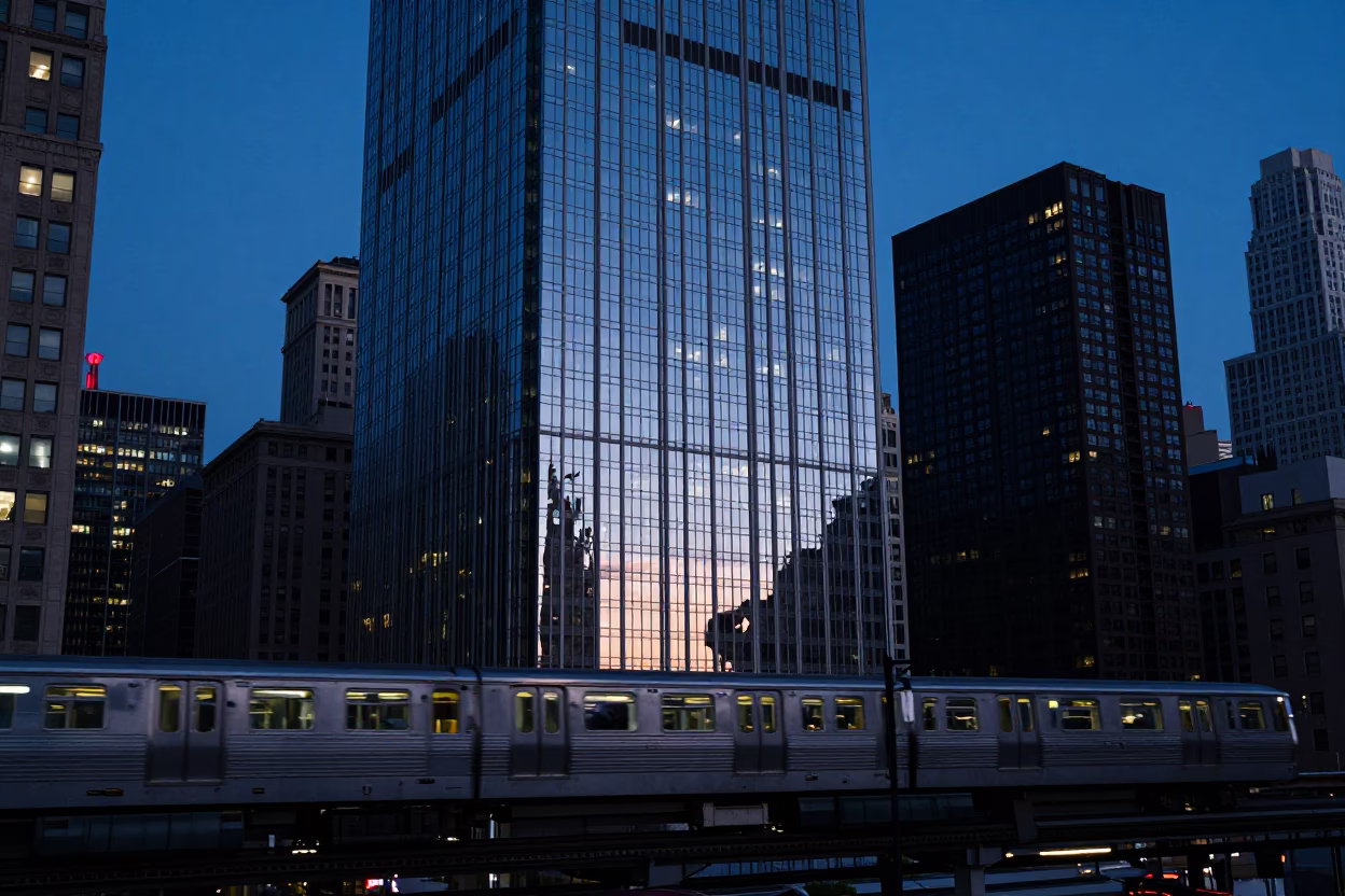 Chicago Indigo Twilight Monorail Reflection in Glass Skyscraper Exterior in in Chicago, Illinois, United States
