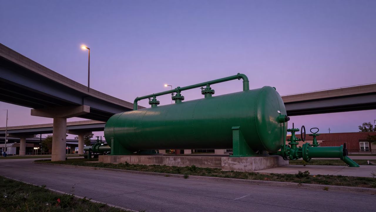 Chicago indigo twilight overpass ramp and green sewage pumps in busy city scene in in Chicago, Illinois, United States