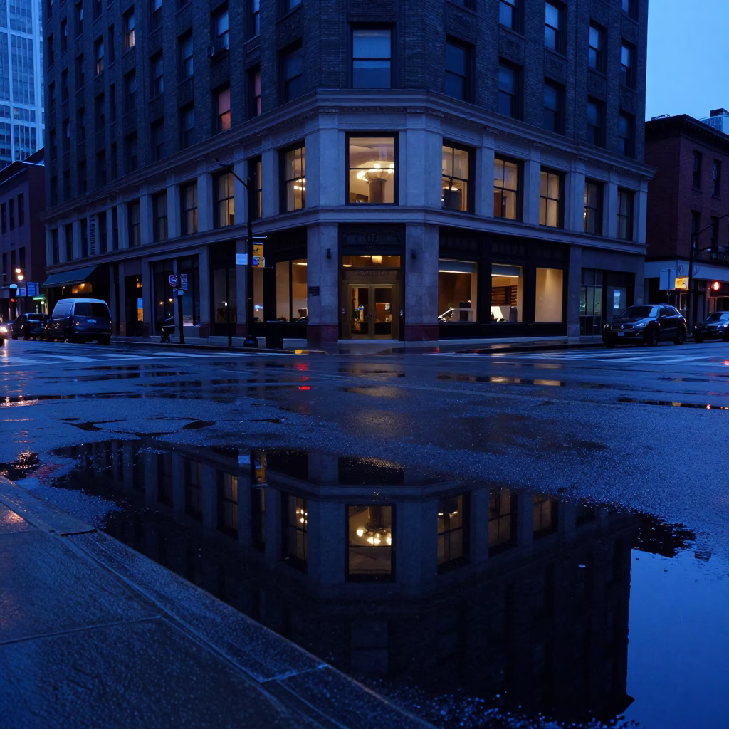 Chicago Indigo Twilight Street Scene Puddle Reflections Hotel Windows and Tail Lights in in Chicago, Illinois, United States