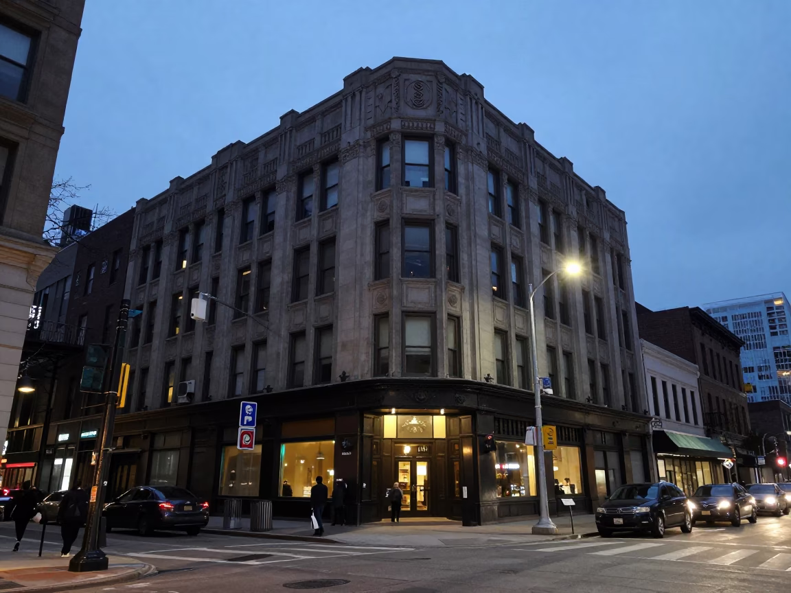 Chicago Indigo Twilight Street Scene with Bauhaus Style Architecture and Urban Life in in Chicago, Illinois, United States
