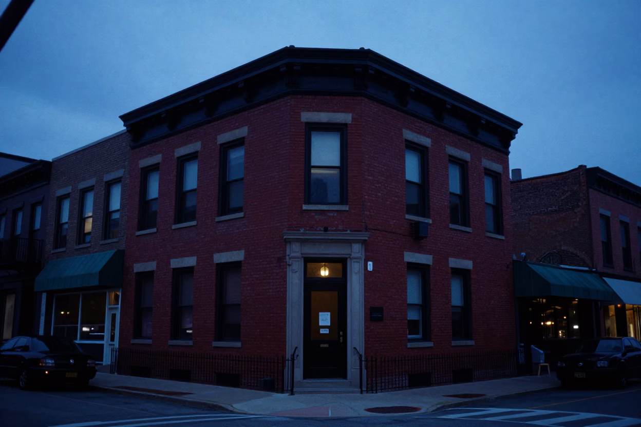 Chicago indigo twilight street scene with brick buildings and city lights in in Chicago, Illinois, United States