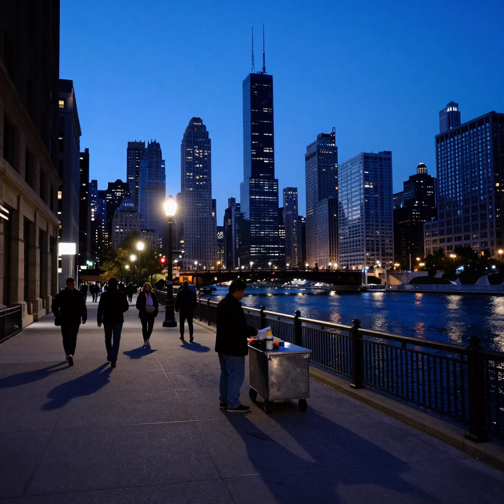 Chicago Indigo Twilight Street Scene with Charcoal Stick and Spatula on Concrete in in Chicago, Illinois, United States