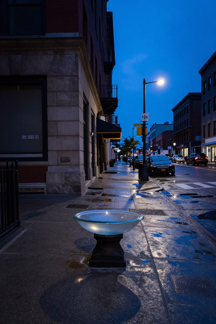 Chicago indigo twilight street scene with clear glass basin and urban reflections in in Chicago, Illinois, United States