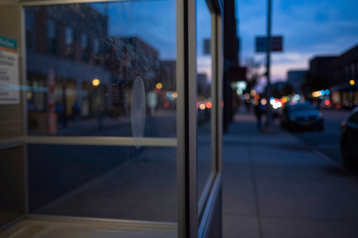 Chicago indigo twilight street scene with fingerprinted glass and urban reflections in in Chicago, Illinois, United States