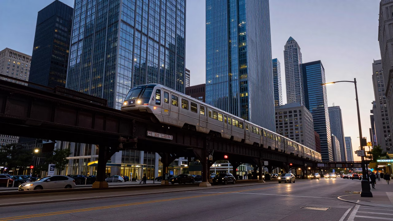 Chicago Indigo Twilight Street Scene with Monorail and Urban Details in in Chicago, Illinois, United States